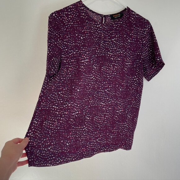 RENEE C. STITCH FIX Plum Purple Cream Navy Printed Short Sleeve Work Blouse Top - Picture 7 of 12